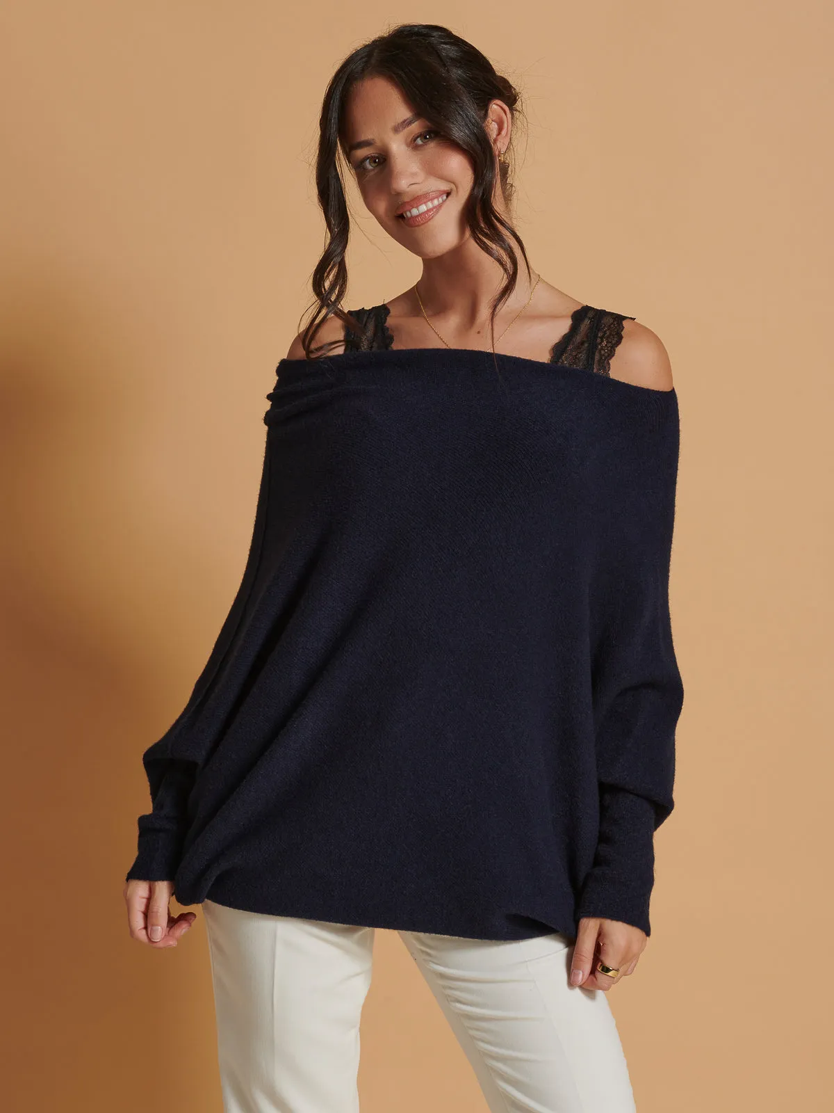 Made in Italy Asymmetric Draped Knit Jumper, Navy