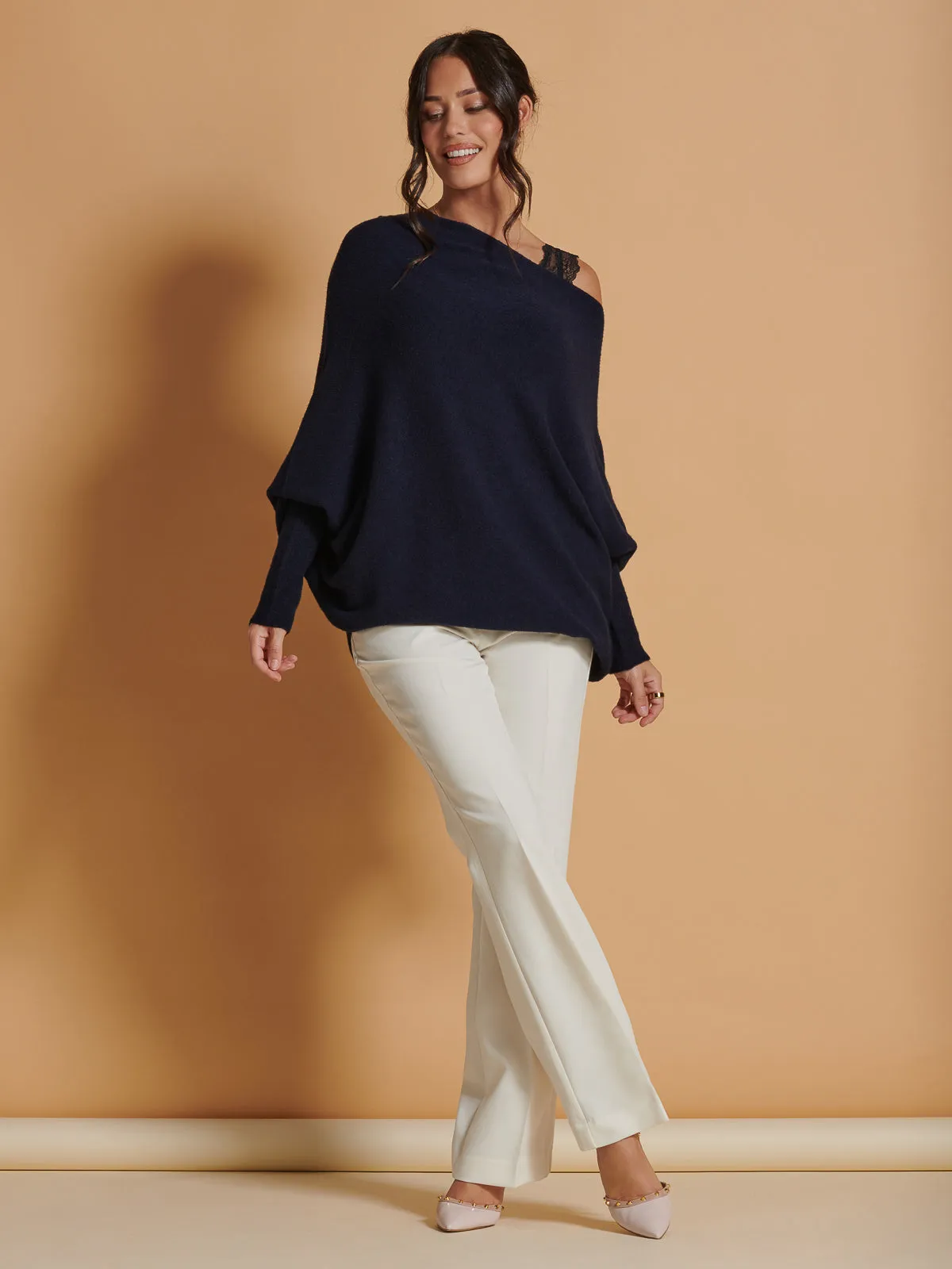 Made in Italy Asymmetric Draped Knit Jumper, Navy
