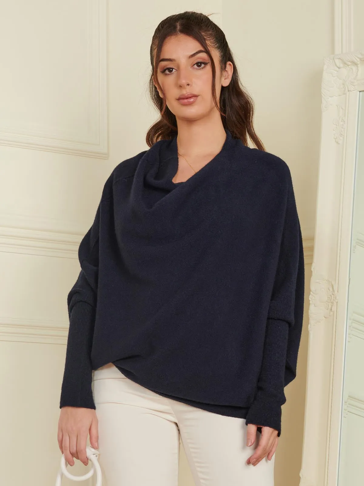 Made in Italy Asymmetric Draped Knit Jumper, Navy