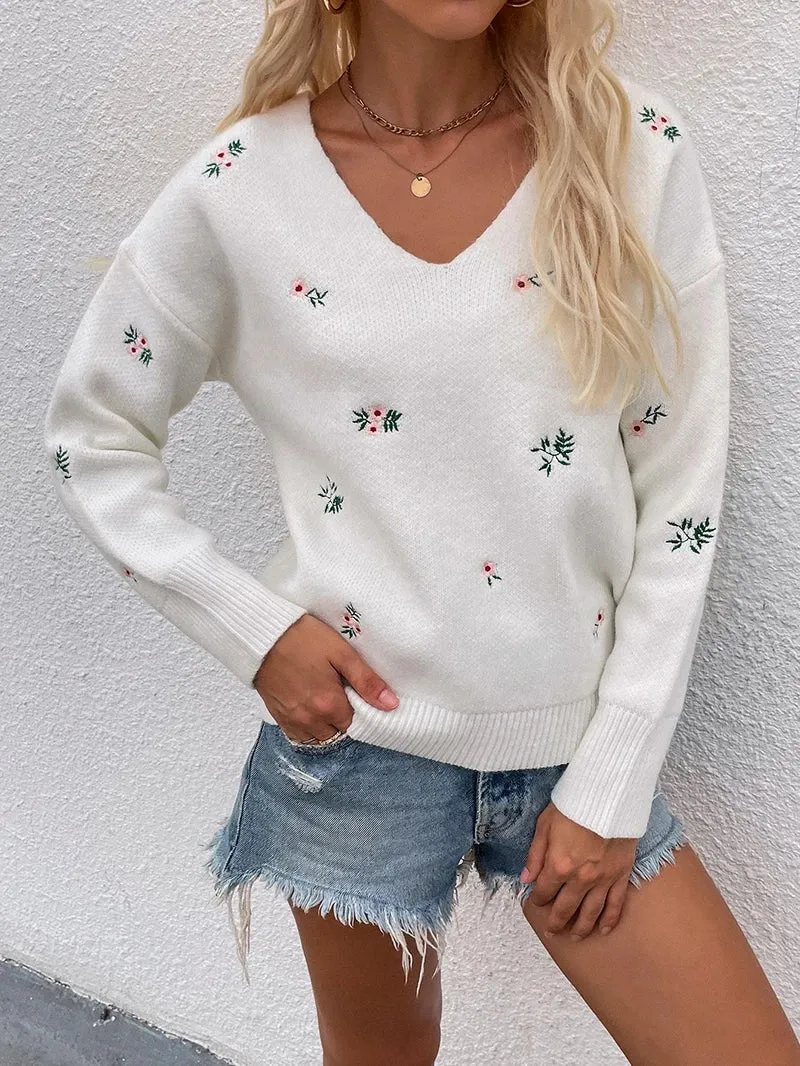 Mahrie - Fine embroidered V-neck jumper