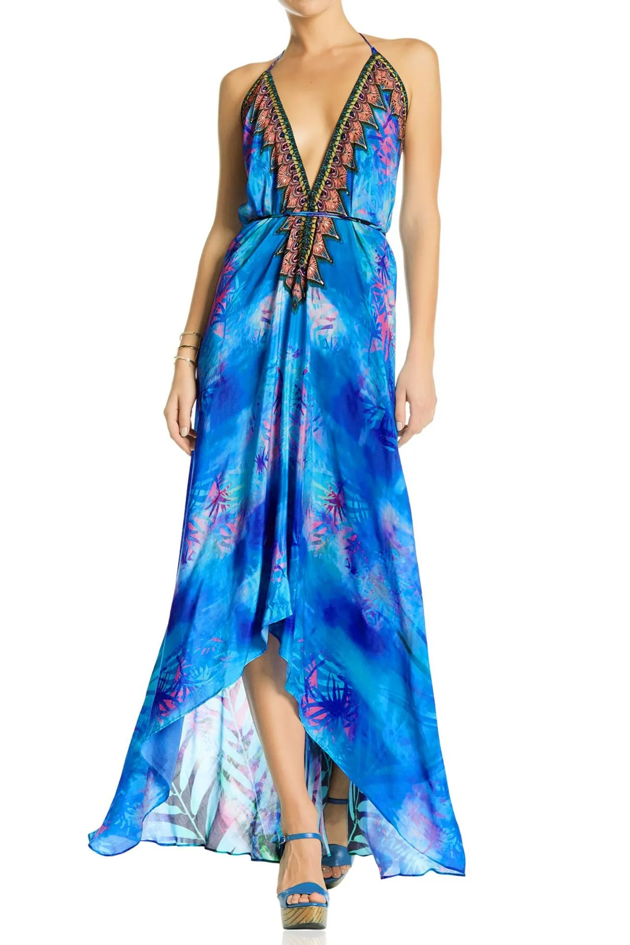 Palm Print Blue Maxi Dress