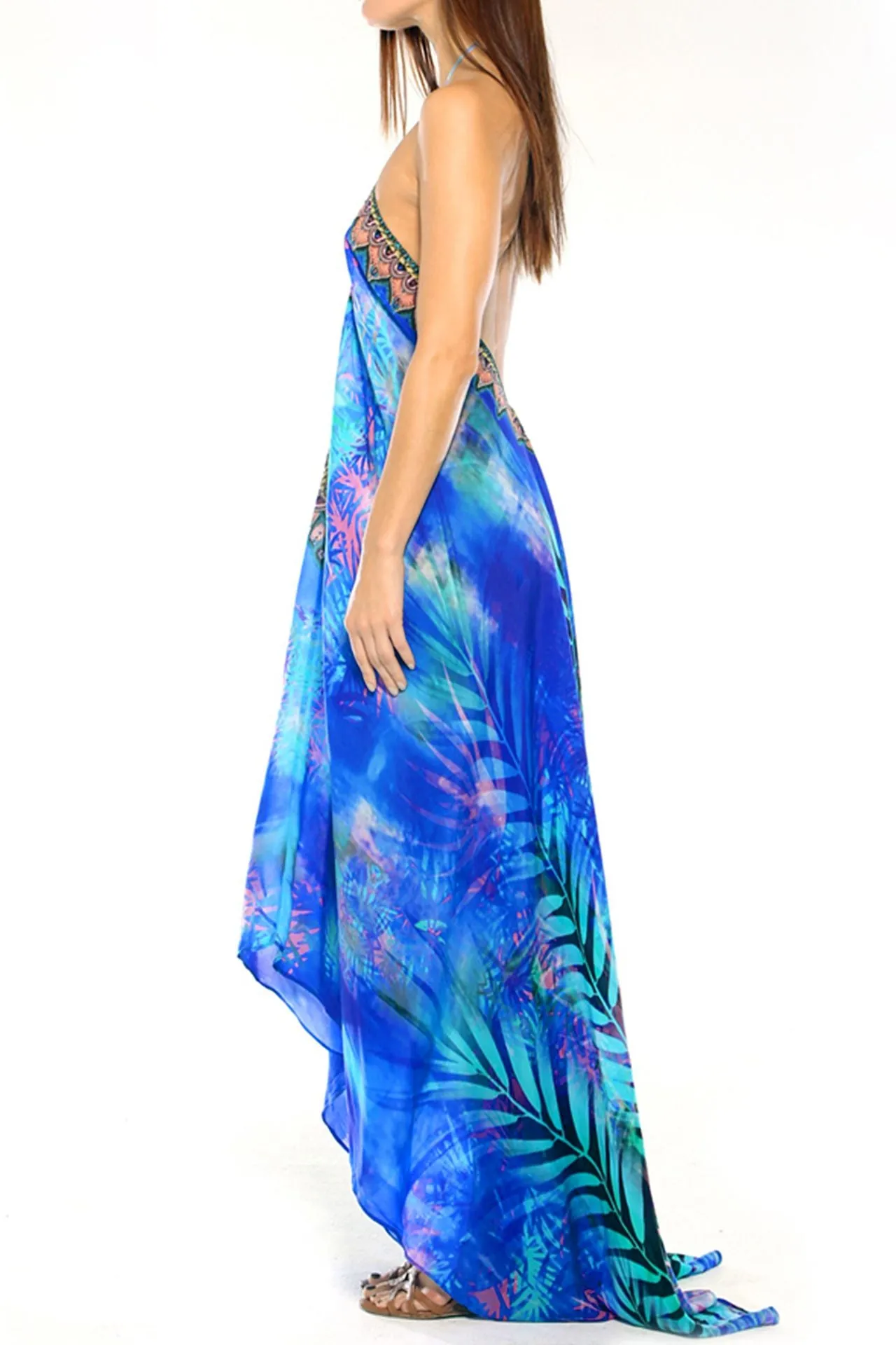 Palm Print Blue Maxi Dress