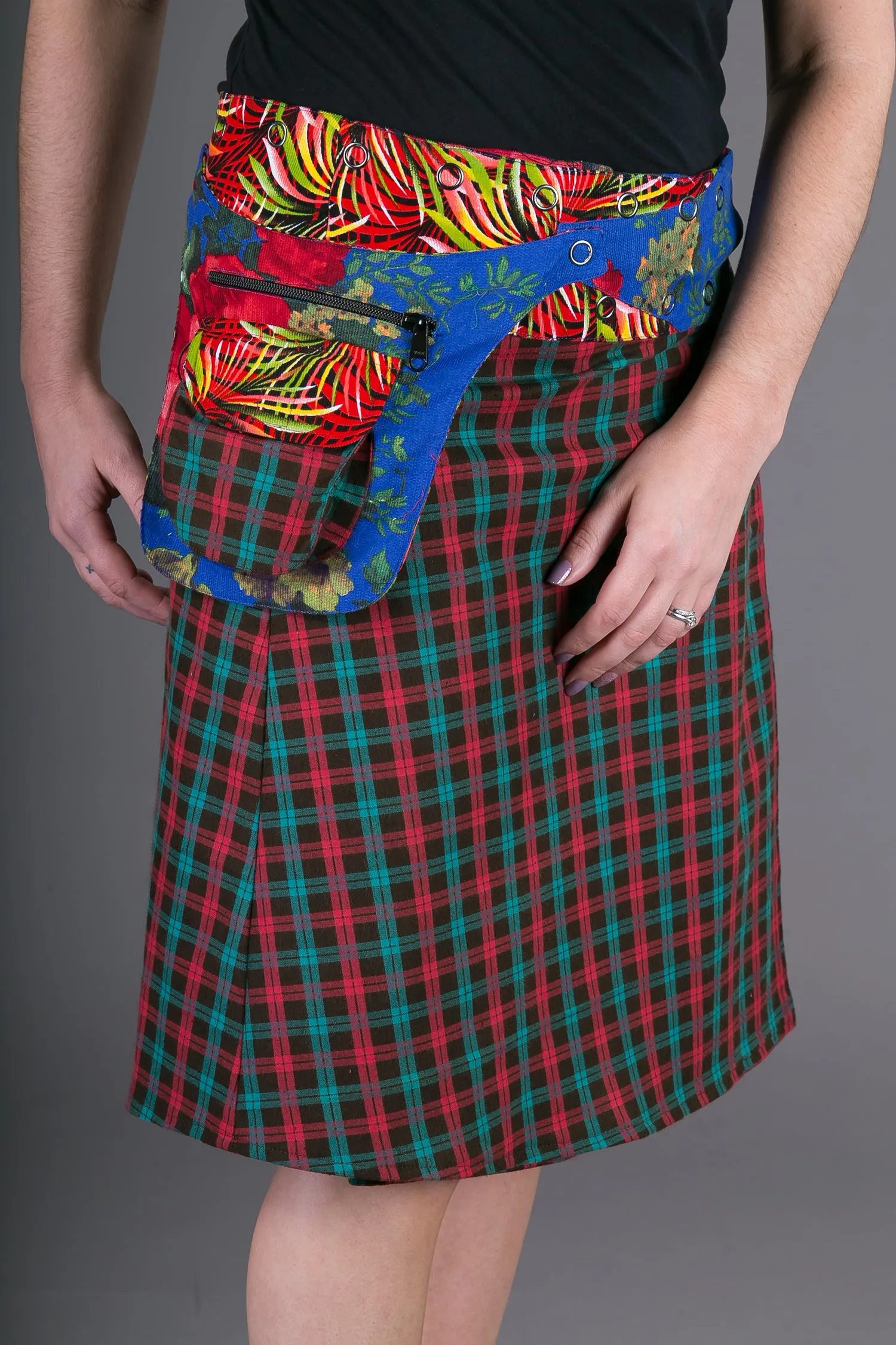 Reversible Cotton Corduroy Skirt Red Floral Tartan Print with Pocket