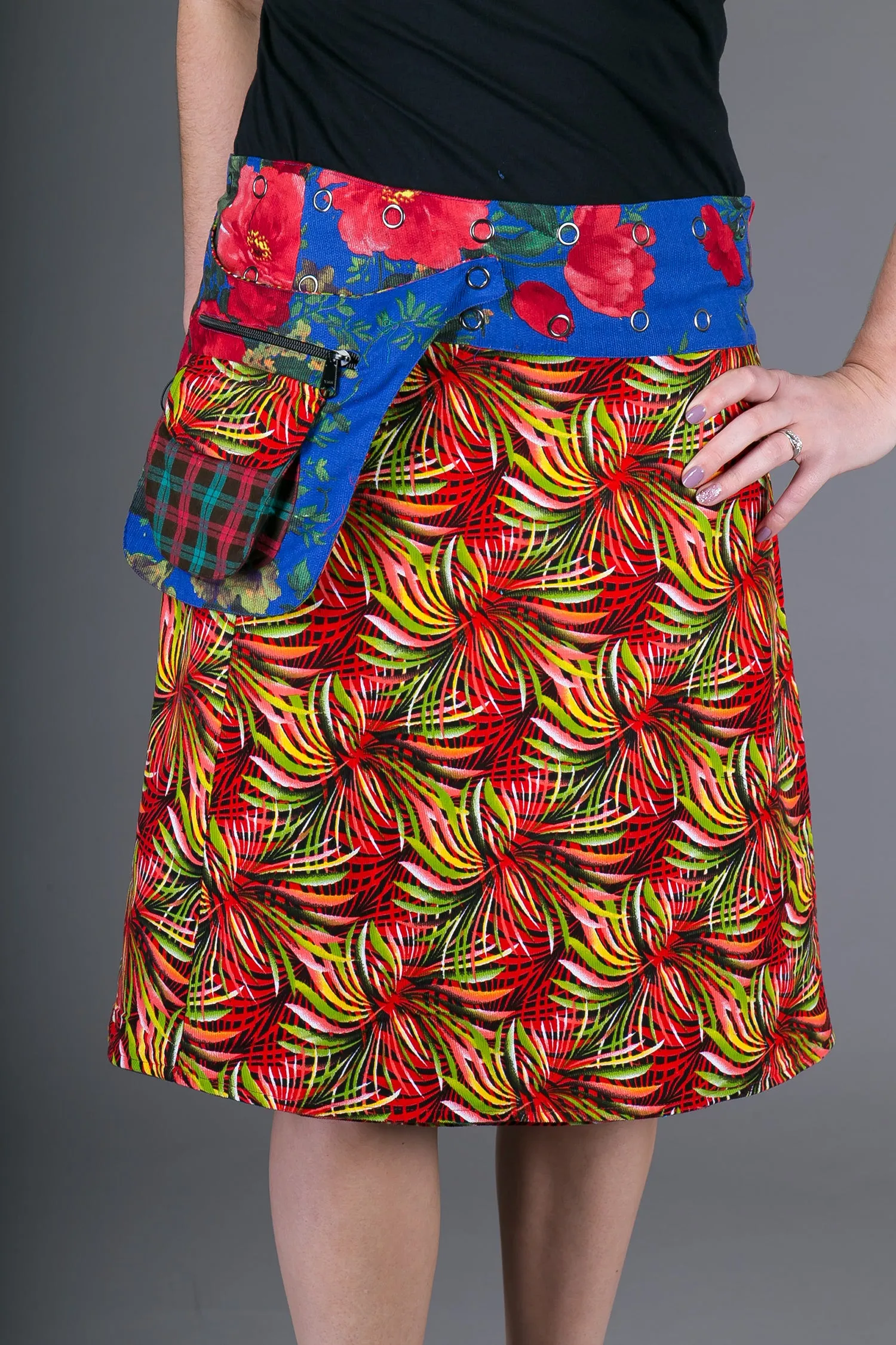 Reversible Cotton Corduroy Skirt Red Floral Tartan Print with Pocket