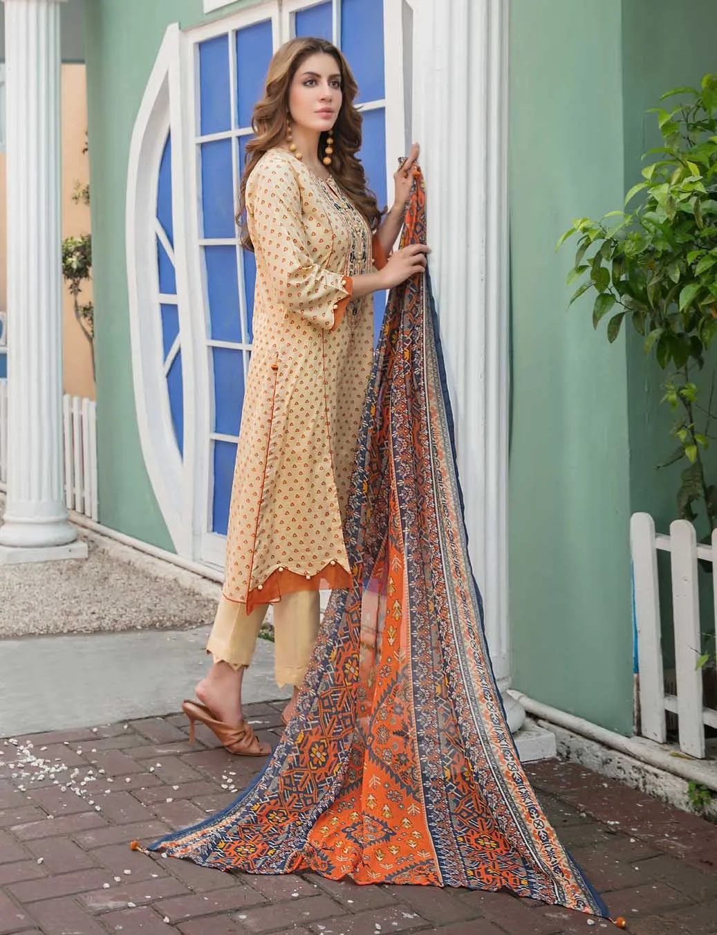 Tehzeeb Lawn by Tawakkal  Pakistani Suit Material Beige