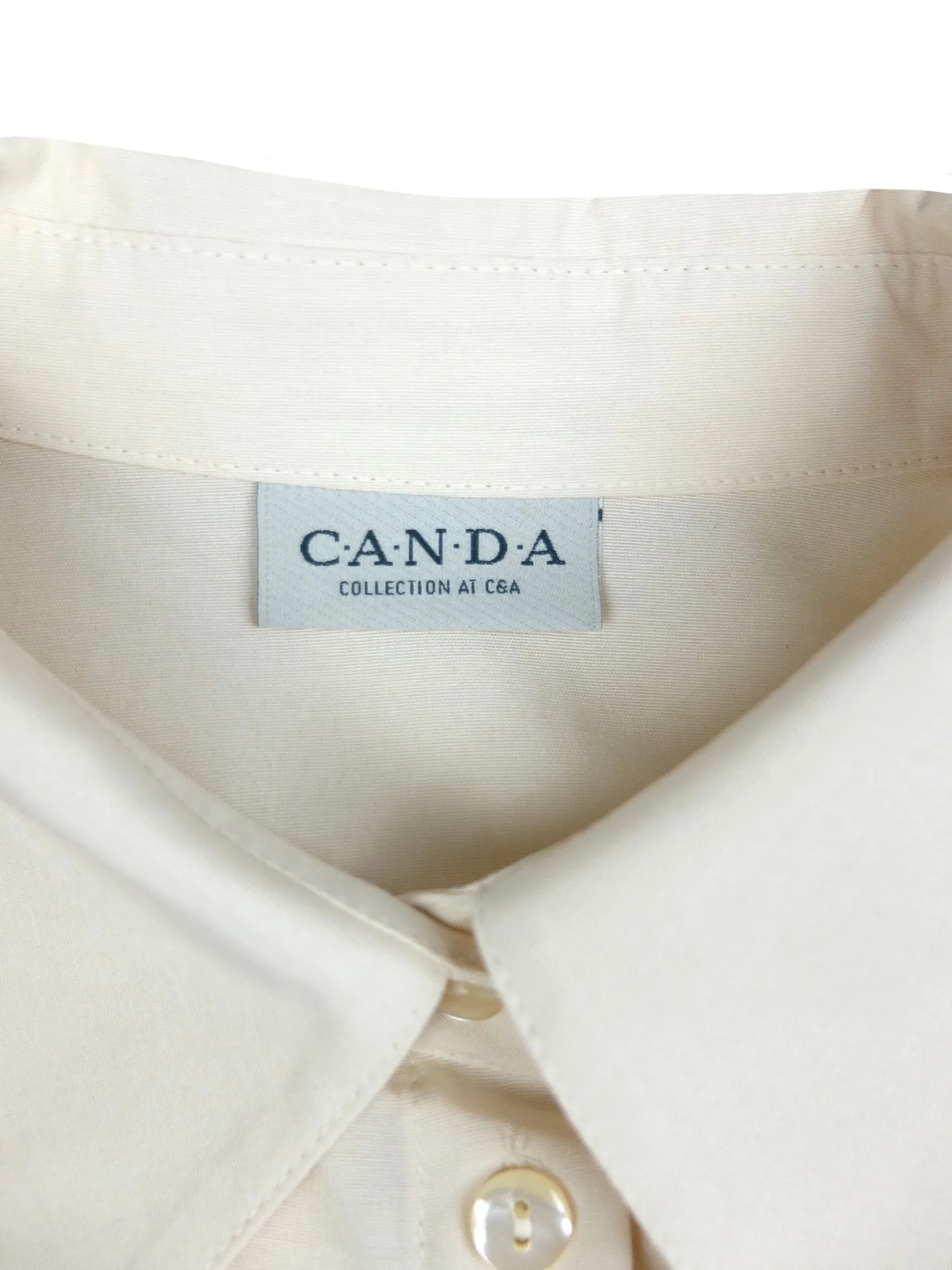 Vintage 80s Basic Beige Cream Collared 3/4 Sleeve Button Up Blouse with Padded Shoulders