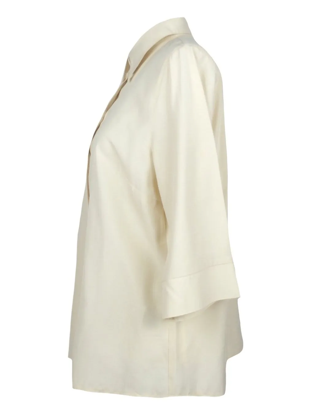 Vintage 80s Basic Beige Cream Collared 3/4 Sleeve Button Up Blouse with Padded Shoulders