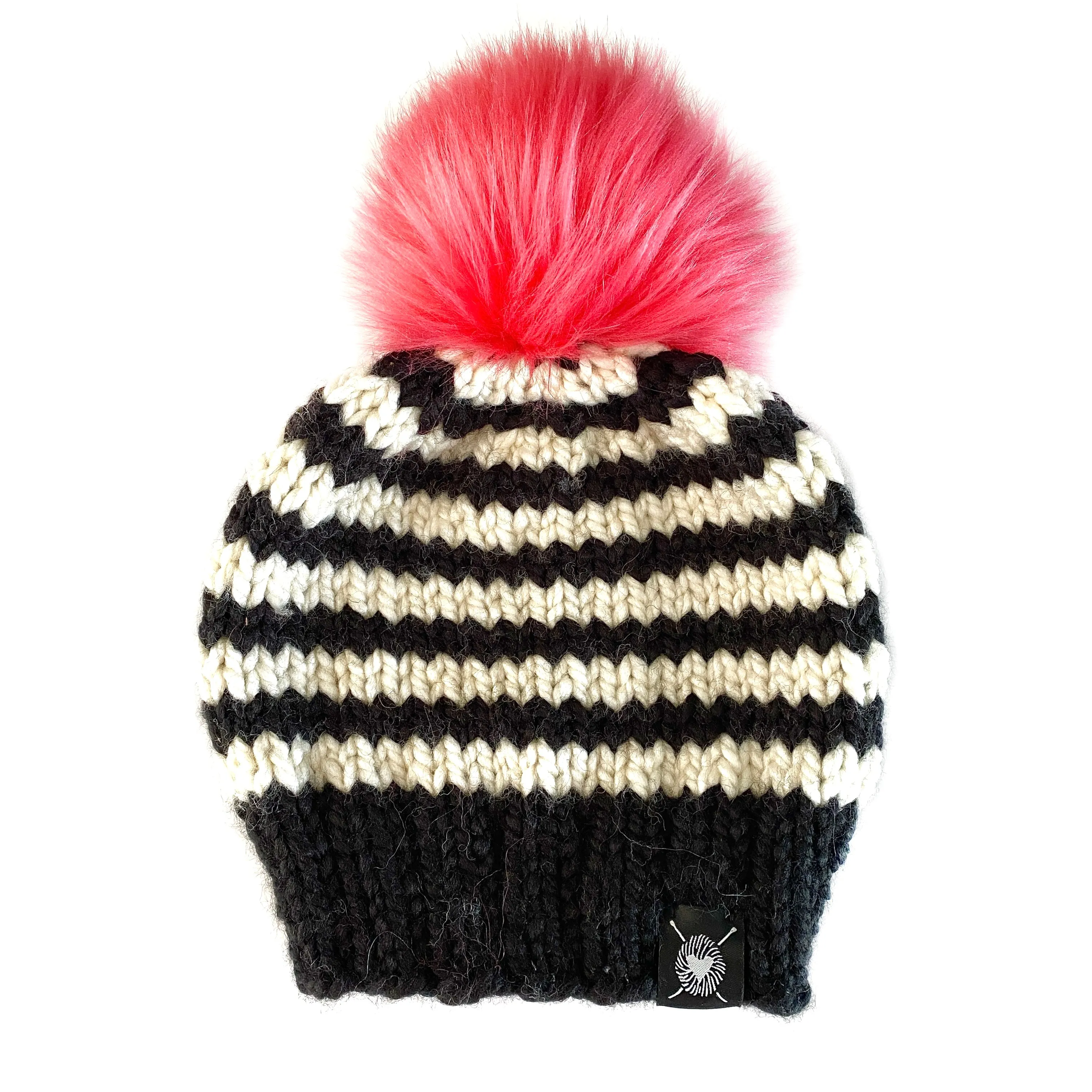 Wide Stripe Faux Fur Pom-Pom Beanie in Pop of Coral