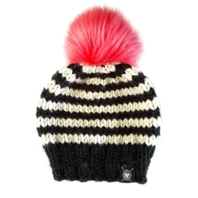 Wide Stripe Faux Fur Pom-Pom Beanie in Pop of Coral