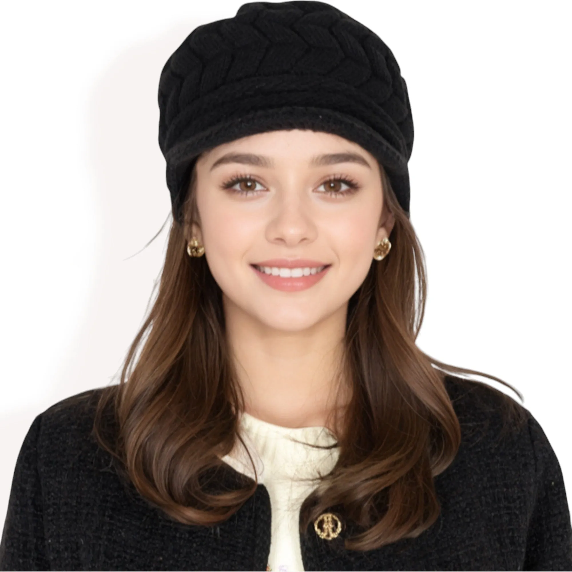 Women's Knitted Newsboy Cap with Braided Cable Pattern and Stylish Brim Design