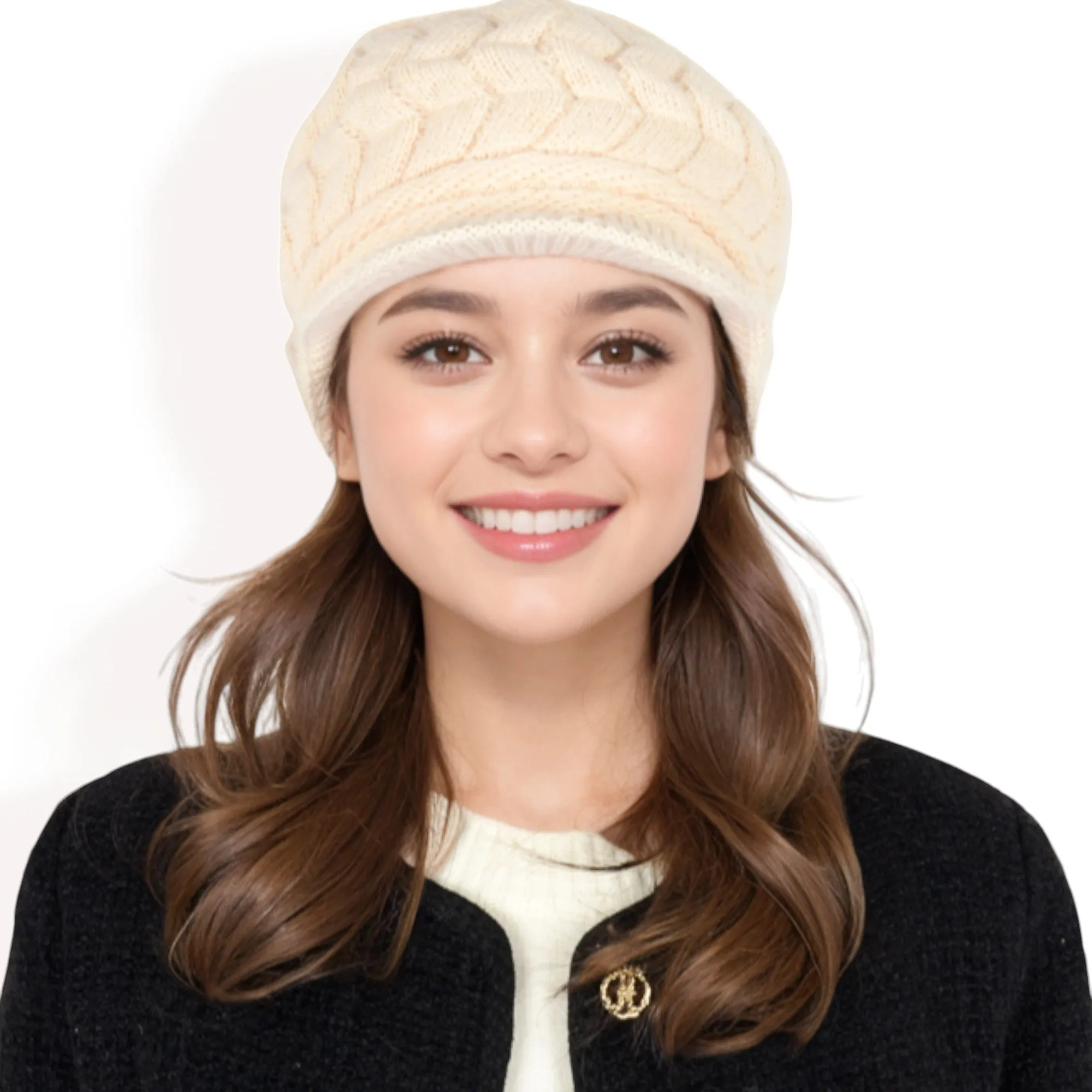 Women's Knitted Newsboy Cap with Braided Cable Pattern and Stylish Brim Design
